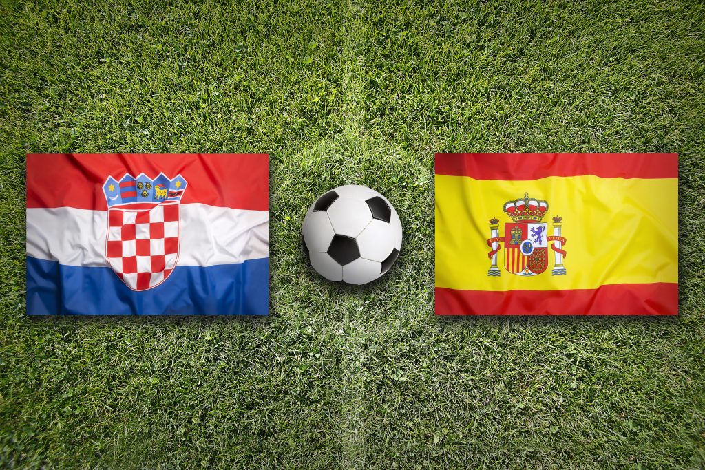 Croatia,Vs.,Spain,Flags,On,Green,Soccer,Field